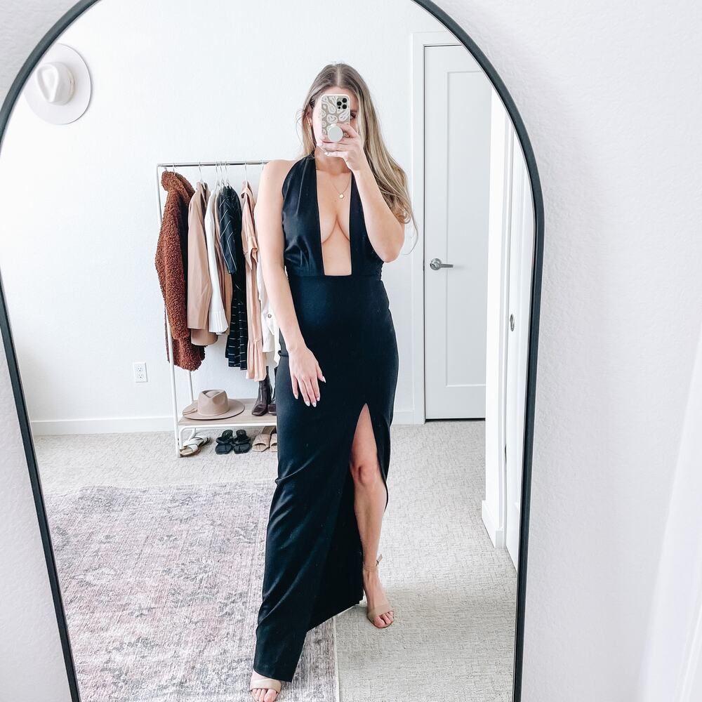 AMANDA UPRICHARD Black Halter Front Slit Maxi Dress Gown EUC S